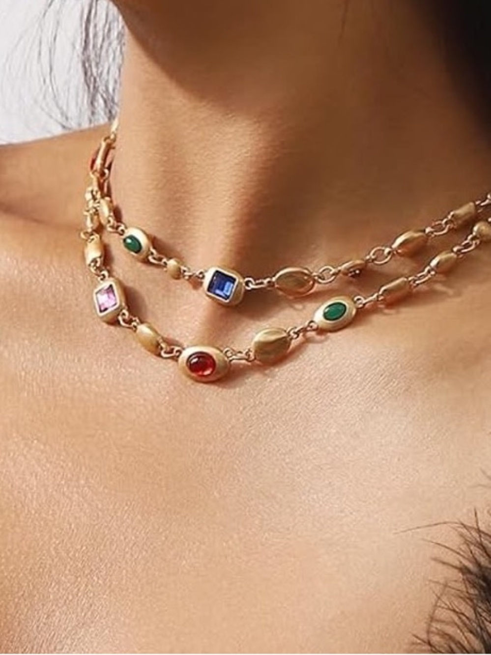 Anthropologie Gold Color Multicolor Gemstone Double-Layer Necklace - Picture 4 of 5